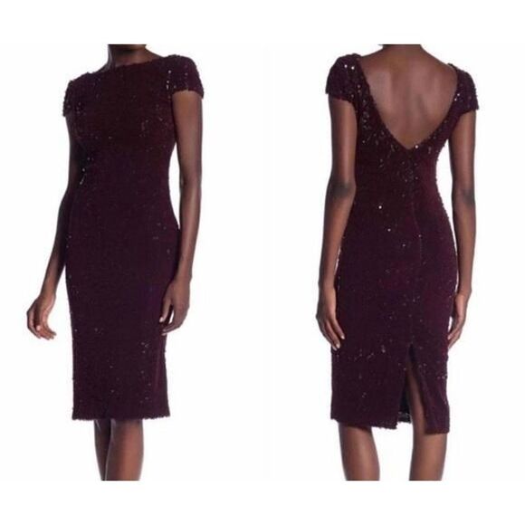 Dress the Population Marcella Velvet Sequined Midi with Slit / Burgundy / Small - Picture 1 of 5